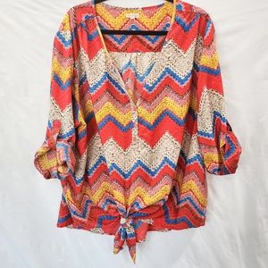 3x Antilia Femme Colorful Chevron Blouse with tie - Orange and Blue Chevron top